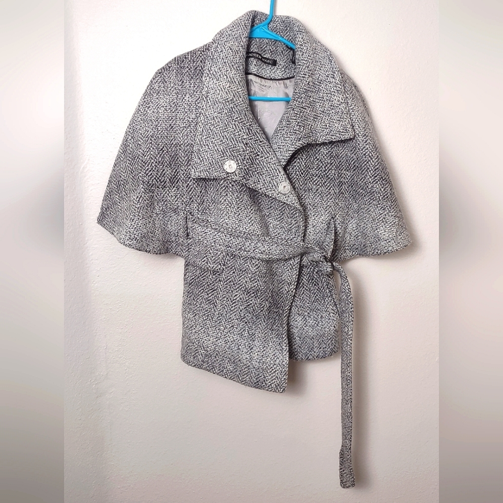 Andrew Marc Wool Black and Gray Cape Jacket with Belted Wrap Design Size Small
